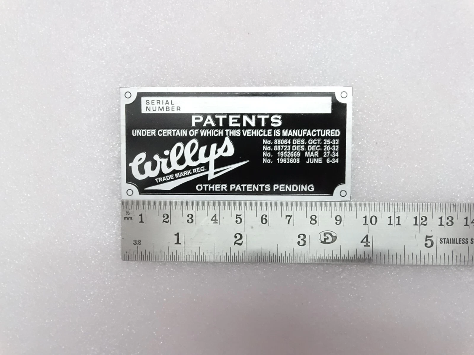 Vehicle Serial Number Data Patents Plate Aluminum FOR New Willys Jeep #21A13